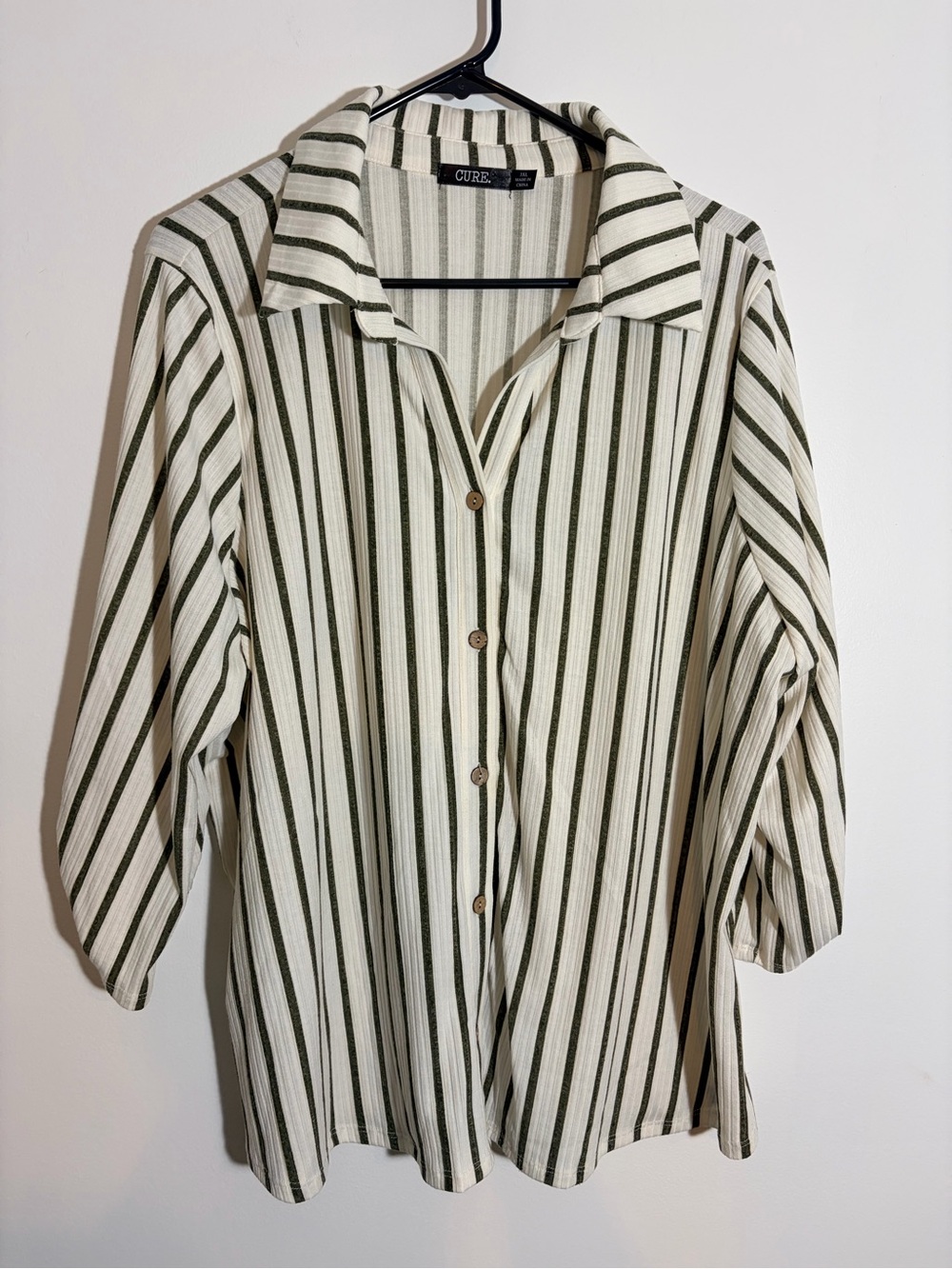 CURE Striped Button-Down Shirt in Olive & Cream Never Worn